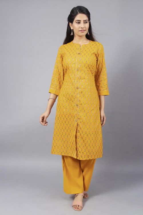 Stylish Mustard Kurta Plazo Set with Golden Block Print and Gota Patti Work