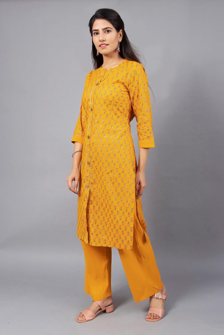 Stylish Mustard Kurta Plazo Set with Golden Block Print and Gota Patti Work - Image 2