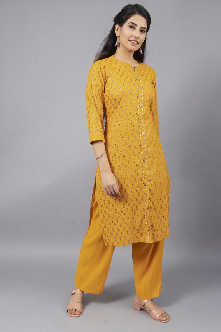 Stylish Mustard Kurta Plazo Set with Golden Block Print and Gota Patti Work - Image 3