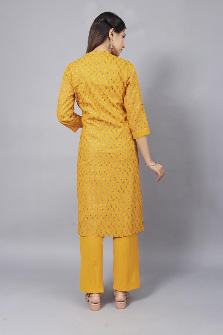 Stylish Mustard Kurta Plazo Set with Golden Block Print and Gota Patti Work - Image 4