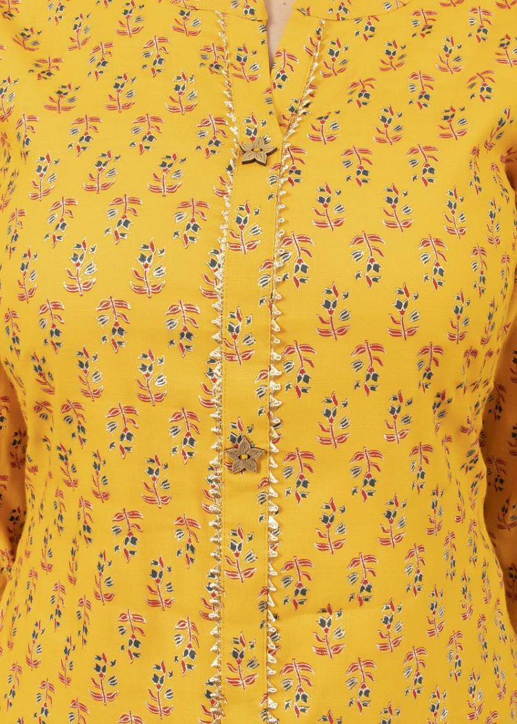 Stylish Mustard Kurta Plazo Set with Golden Block Print and Gota Patti Work - Image 5
