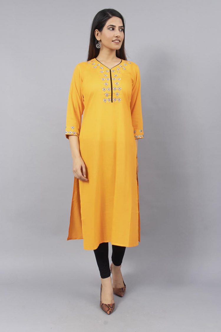 Stylish Mustard Slub Rayon Kurti with Bell Sleeves - Image 2