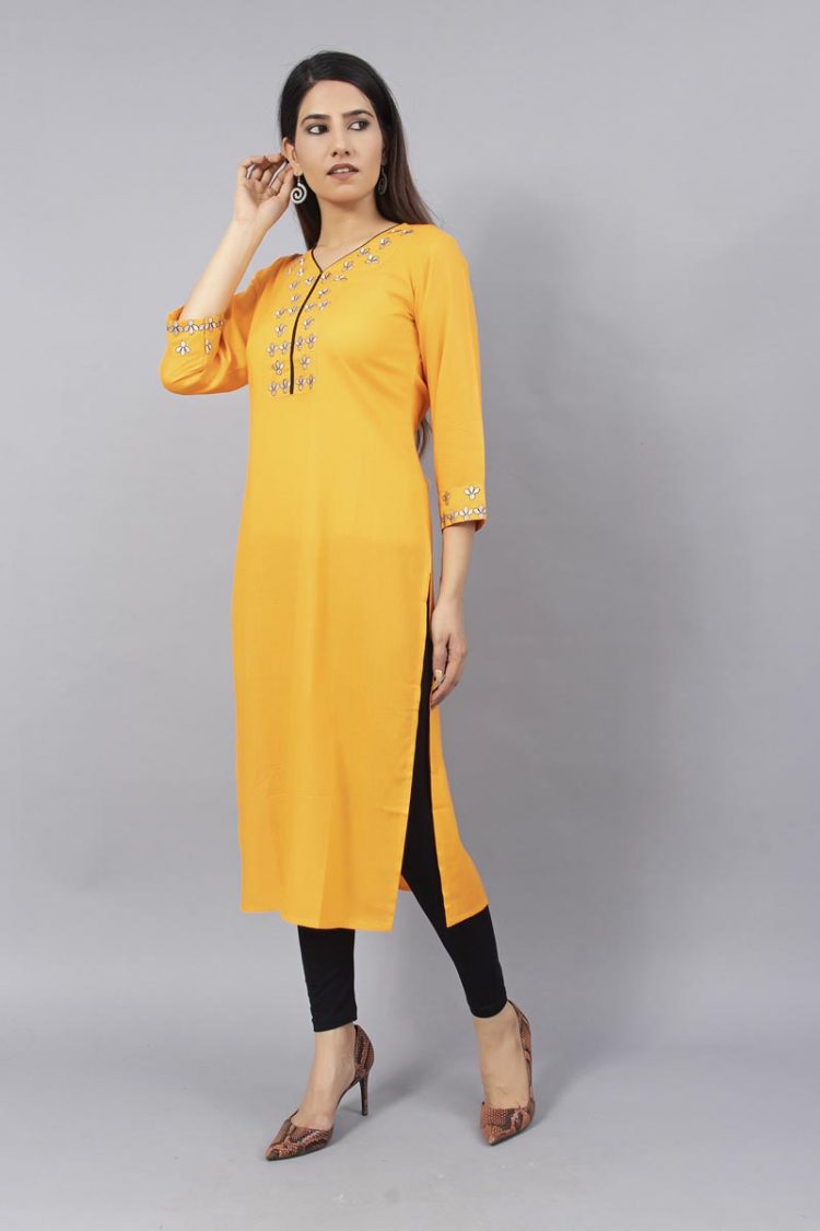 Stylish Mustard Slub Rayon Kurti with Bell Sleeves - Image 3