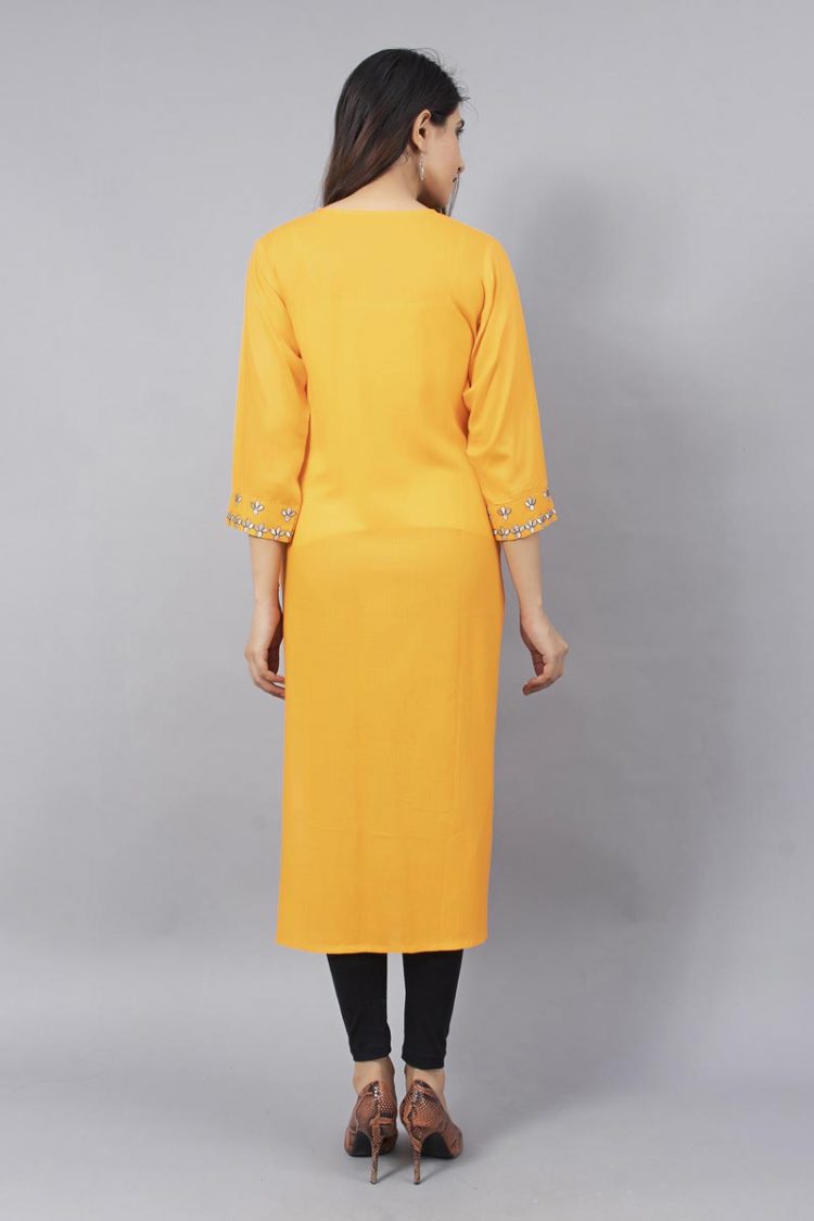 Stylish Mustard Slub Rayon Kurti with Bell Sleeves - Image 4