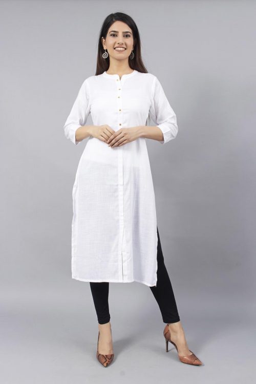 White Elegant Slub Rayon Kurti with Buttons