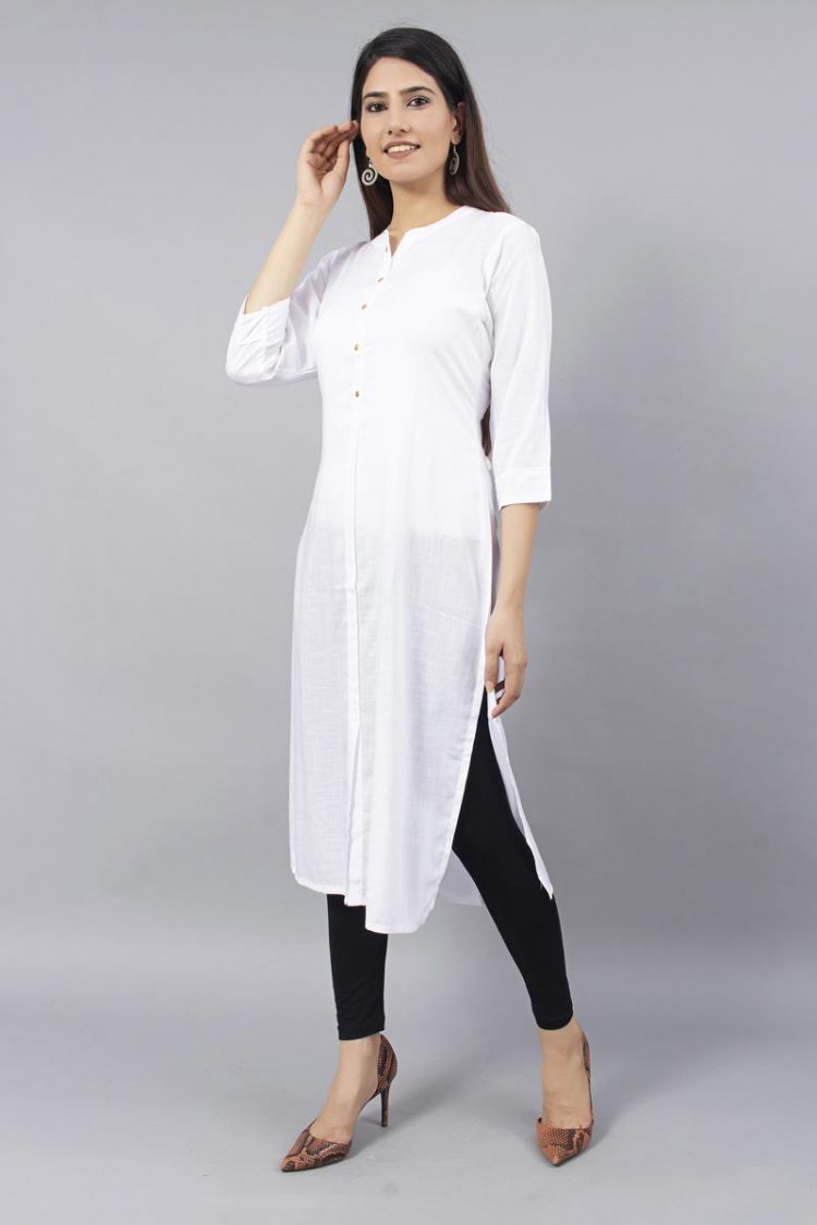 White Elegant Slub Rayon Kurti with Buttons - Image 2