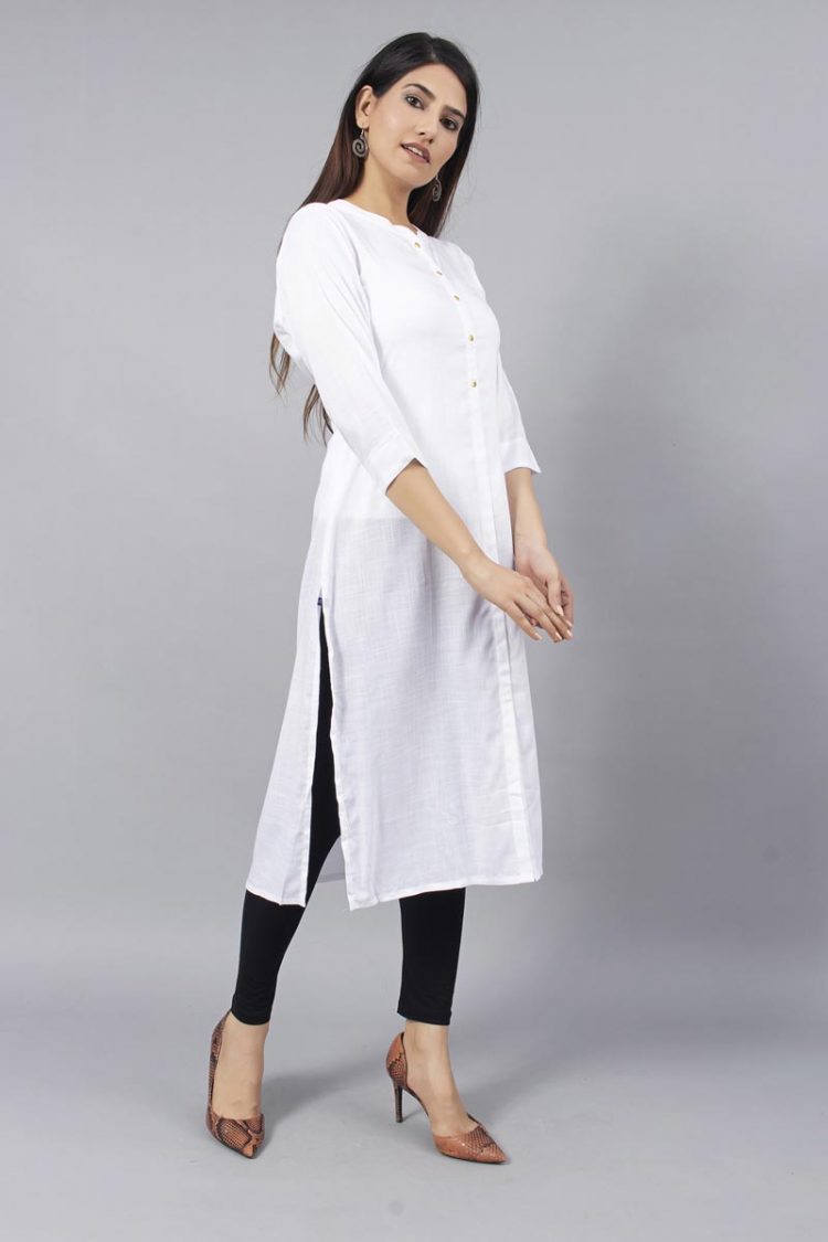 White Elegant Slub Rayon Kurti with Buttons - Image 3