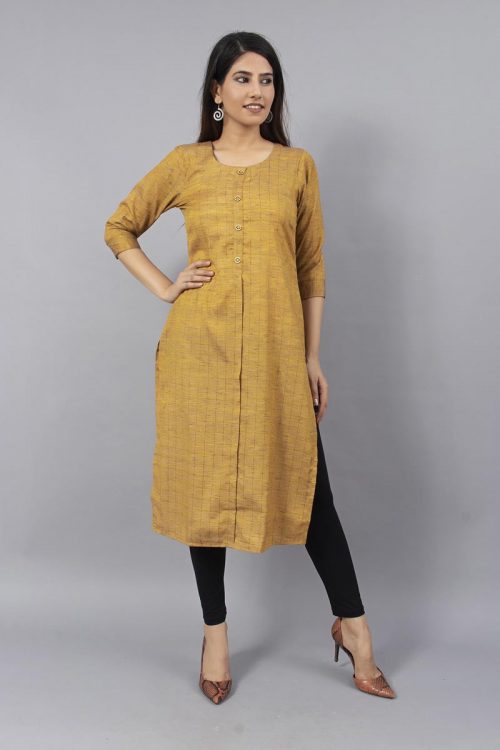Mustard Checks Kurti with Buttons
