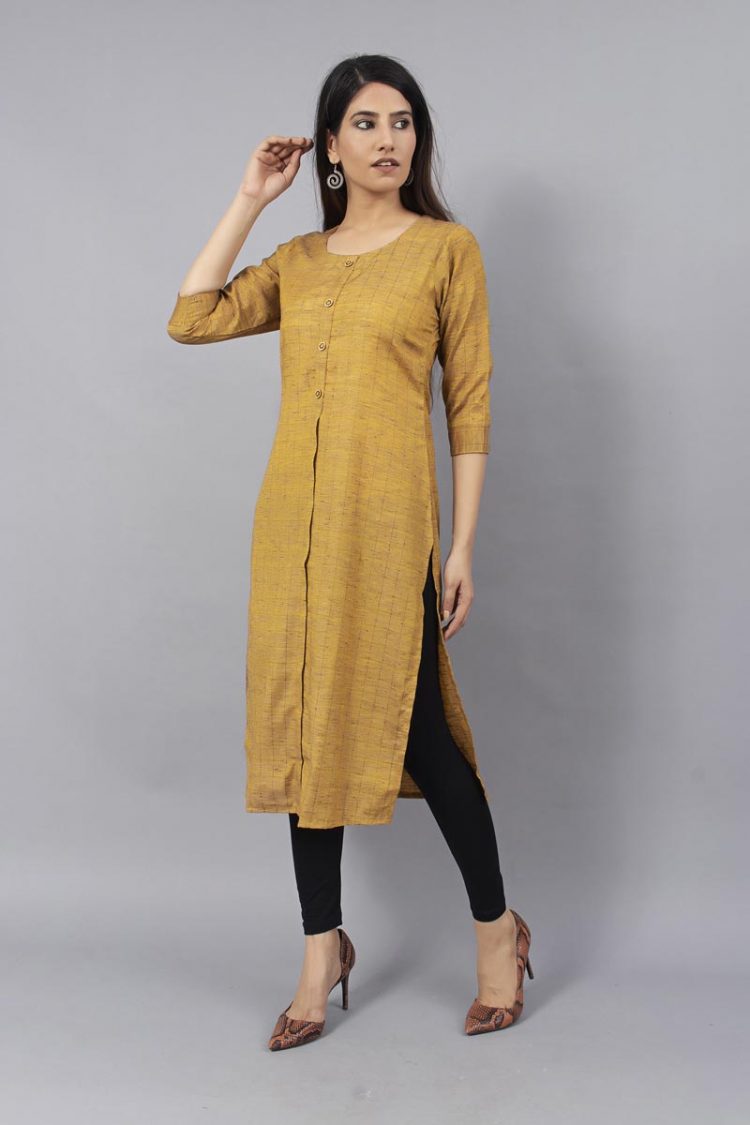 Mustard Checks Kurti with Buttons - Image 2