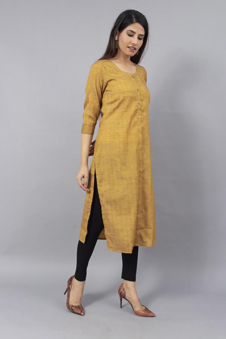 Mustard Checks Kurti with Buttons - Image 3