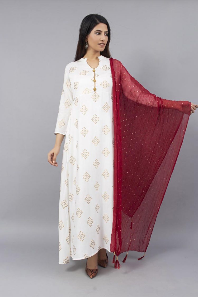 Off White Block Printed Stylish Kurti with Chiffon Dupatta