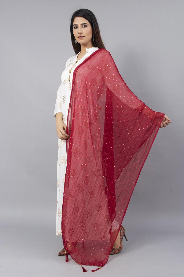 Off White Block Printed Stylish Kurti with Chiffon Dupatta - Image 4