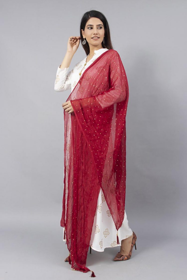 Off White Block Printed Stylish Kurti with Chiffon Dupatta - Image 6