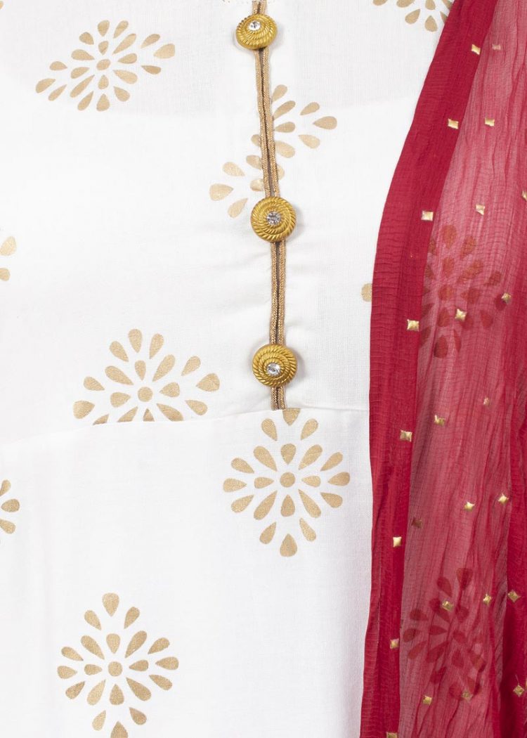 Off White Block Printed Stylish Kurti with Chiffon Dupatta - Image 7