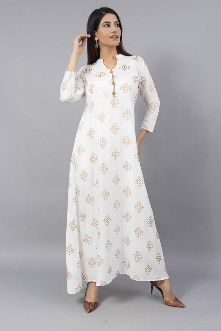 Off White Block Printed Stylish Kurti with Chiffon Dupatta - Image 9