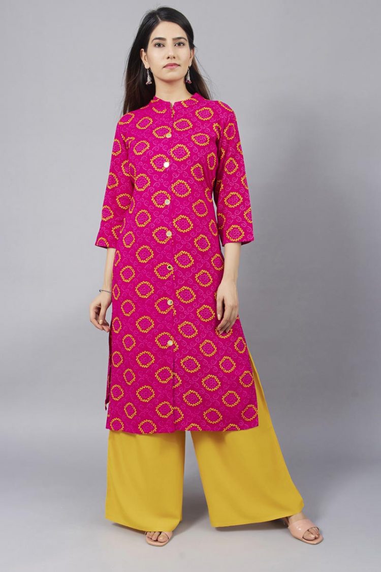 Typical Rajasthani Batik Print Pink Kurti with Mirror Buttons