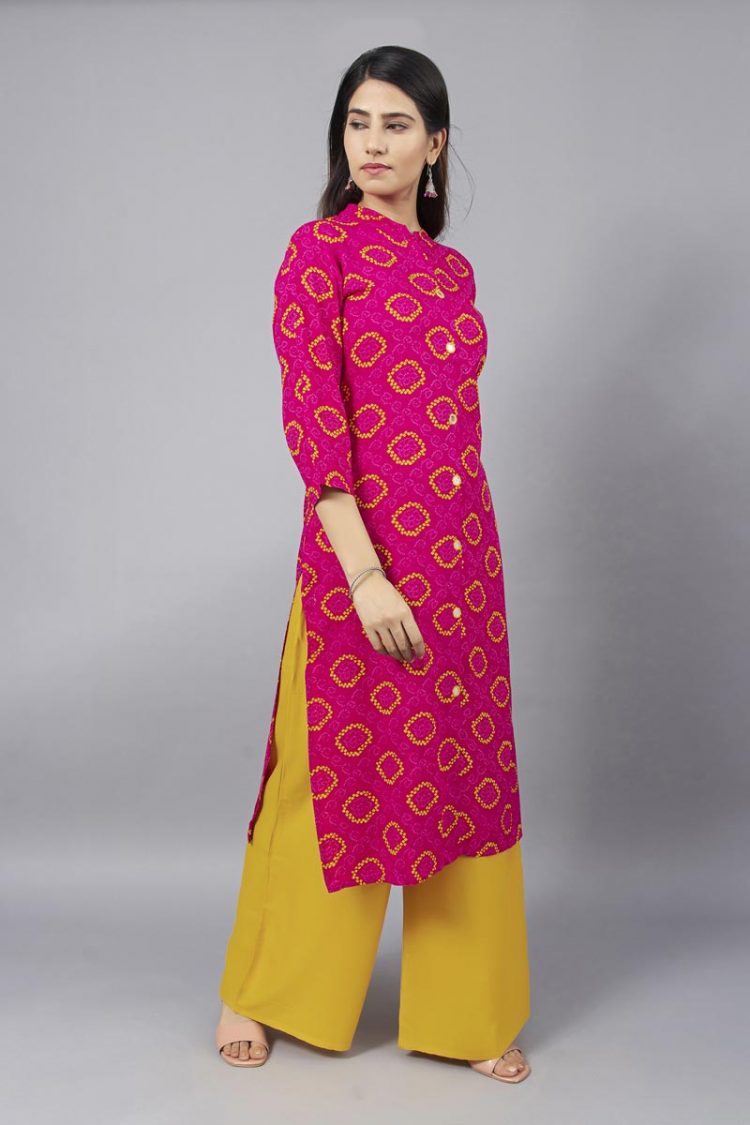 Typical Rajasthani Batik Print Pink Kurti with Mirror Buttons - Image 2