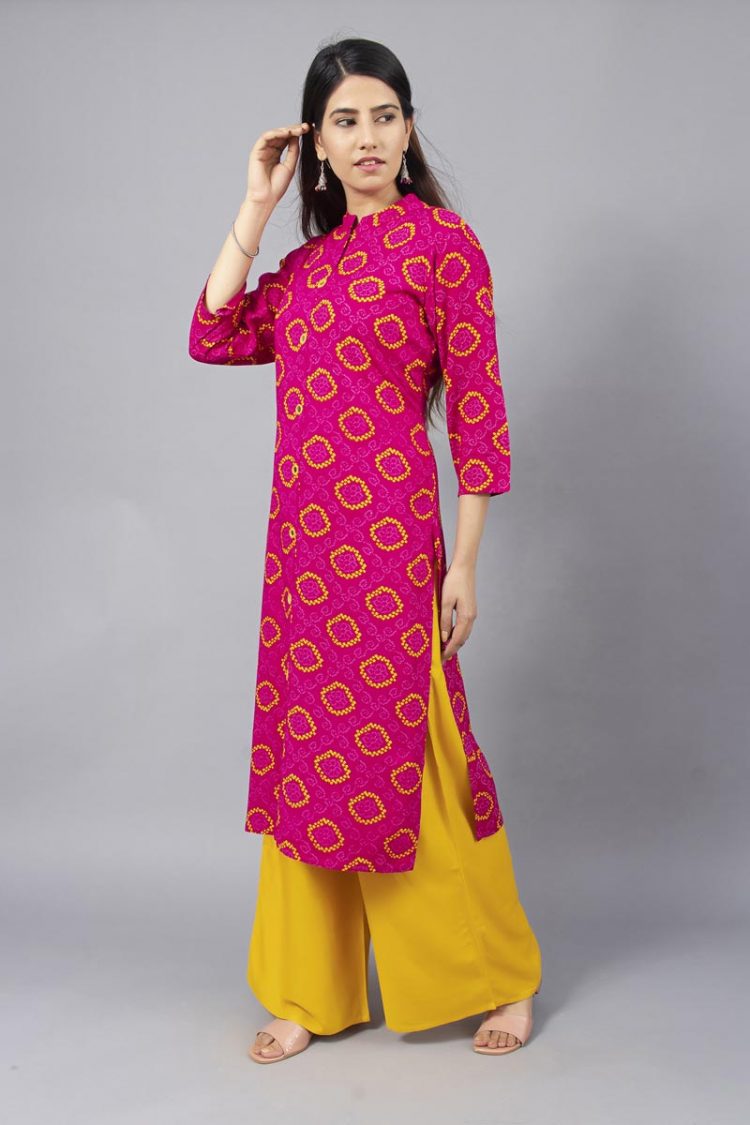 Typical Rajasthani Batik Print Pink Kurti with Mirror Buttons - Image 3