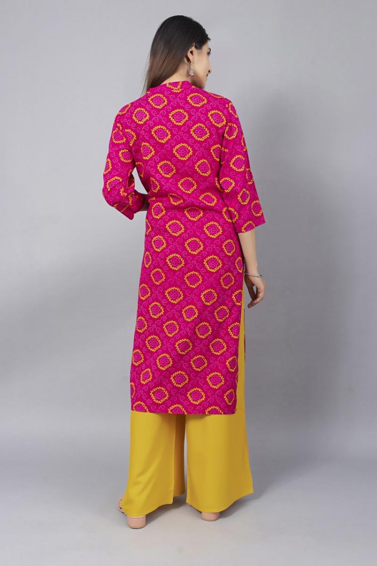 Typical Rajasthani Batik Print Pink Kurti with Mirror Buttons - Image 4