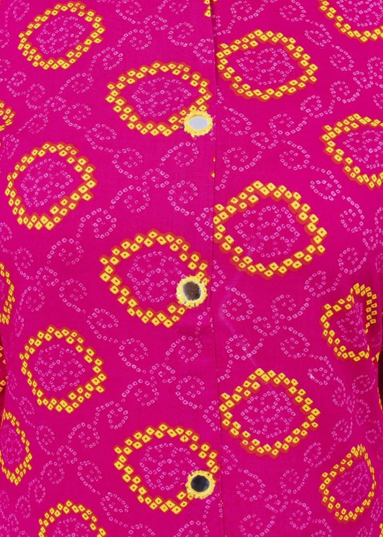 Typical Rajasthani Batik Print Pink Kurti with Mirror Buttons - Image 5