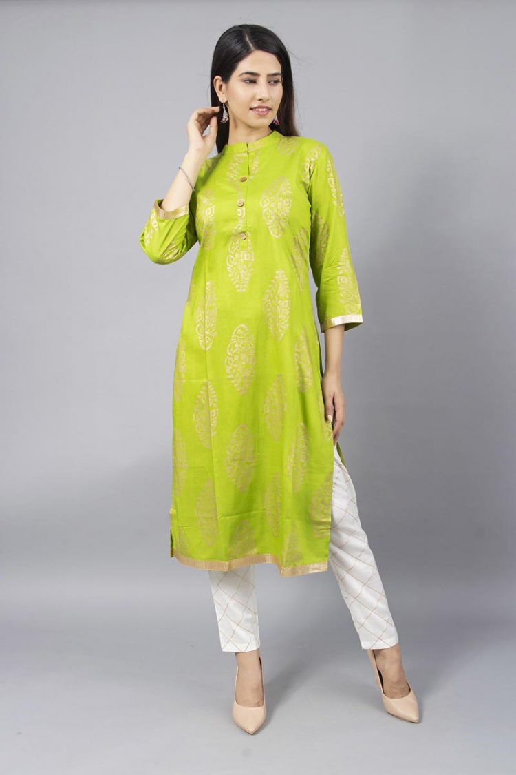 Modish Light Green Golden Print Kurti with Dupatta - Image 3