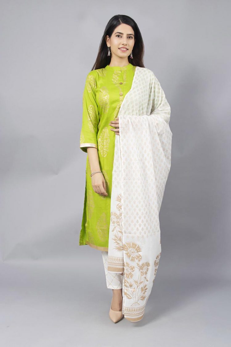 Modish Light Green Golden Print Kurti with Dupatta - Image 2