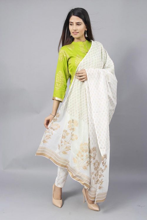Modish Light Green Golden Print Kurti with Dupatta