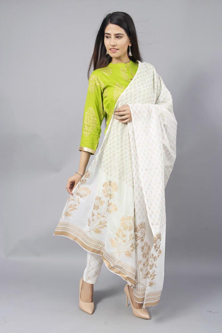 Modish Light Green Golden Print Kurti with Dupatta