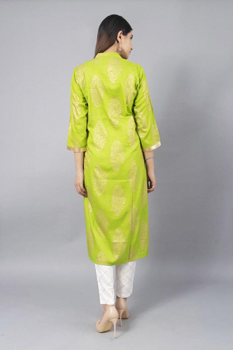 Modish Light Green Golden Print Kurti with Dupatta - Image 4
