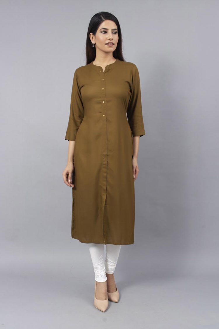 Unadorned Plain Olive Colored Solid Kurti