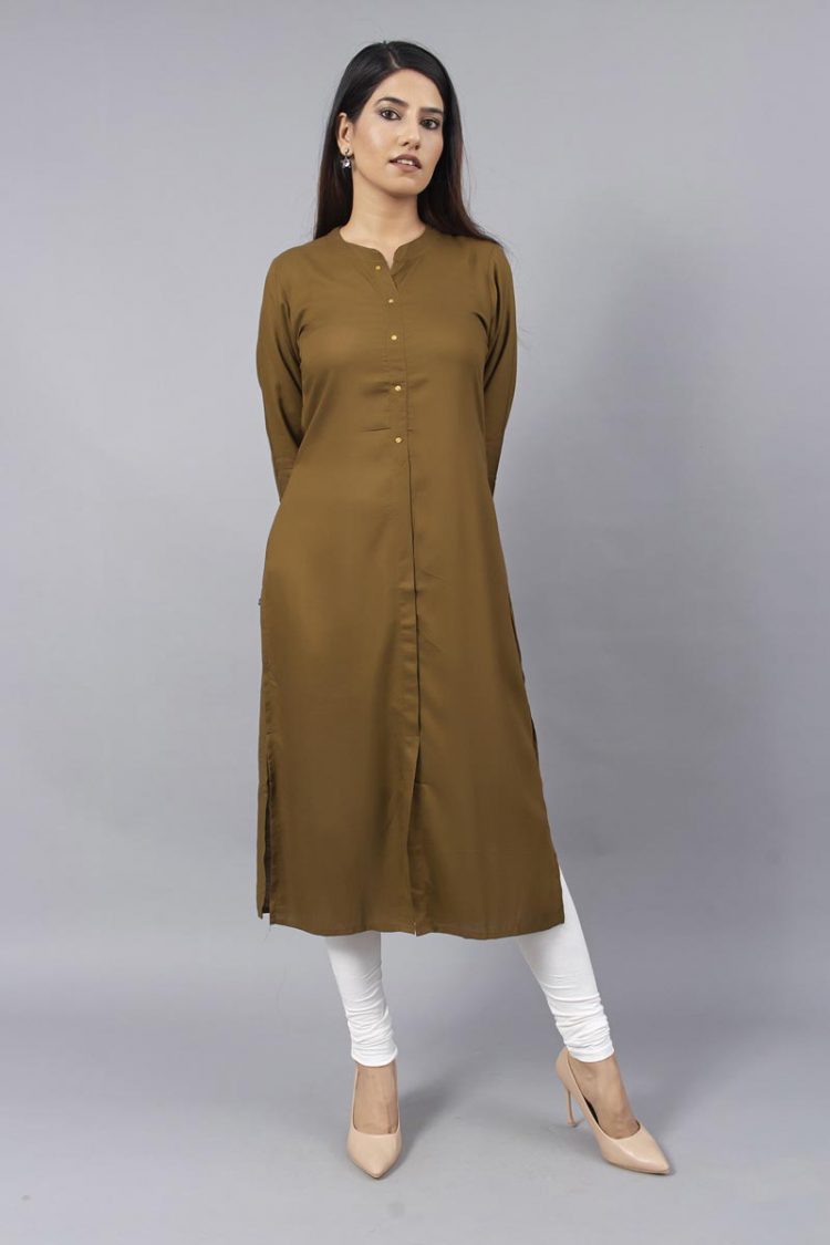 Unadorned Plain Olive Colored Solid Kurti - Image 2