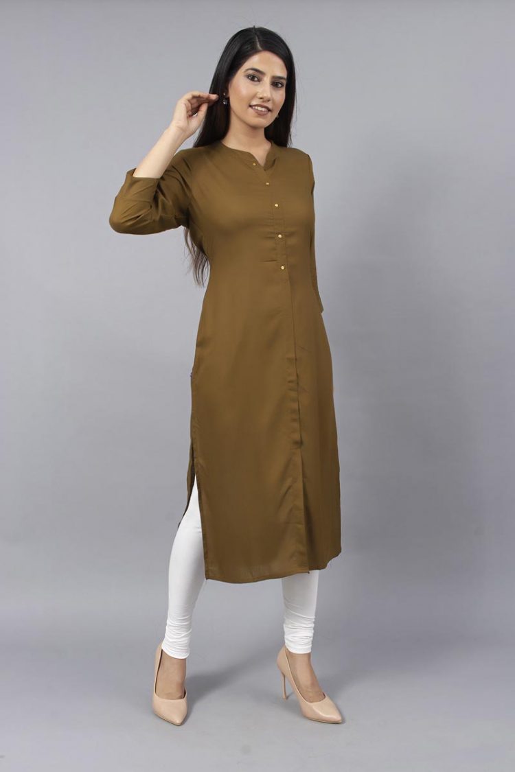 Unadorned Plain Olive Colored Solid Kurti - Image 3