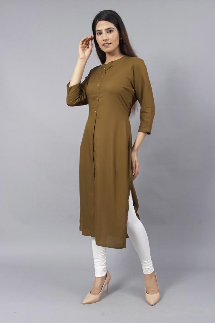 Unadorned Plain Olive Colored Solid Kurti - Image 4