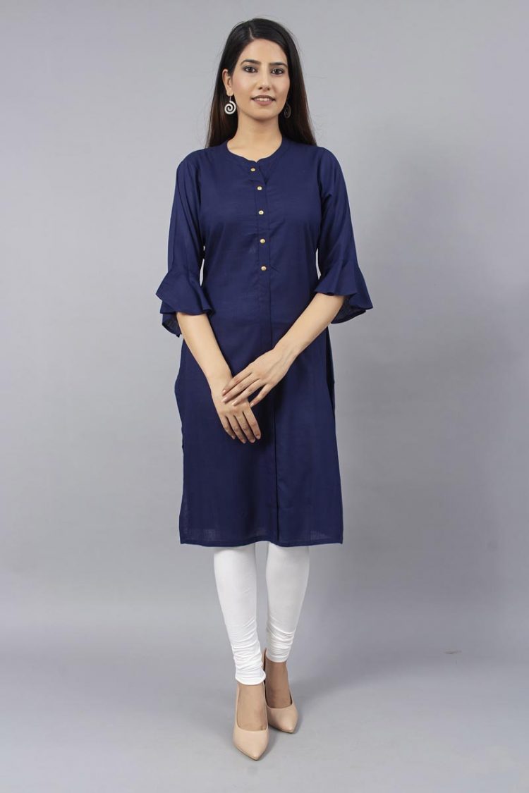 Sheer Solid Navy Blue Kurti with Bell Sleeves - Image 2