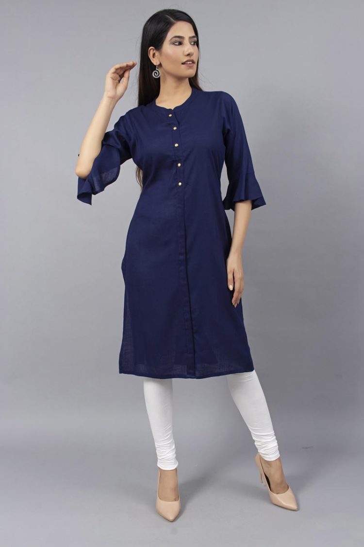 Sheer Solid Navy Blue Kurti with Bell Sleeves - Image 3