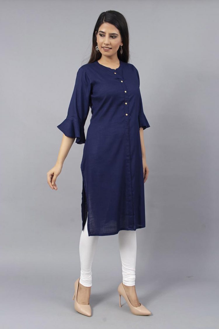 Sheer Solid Navy Blue Kurti with Bell Sleeves