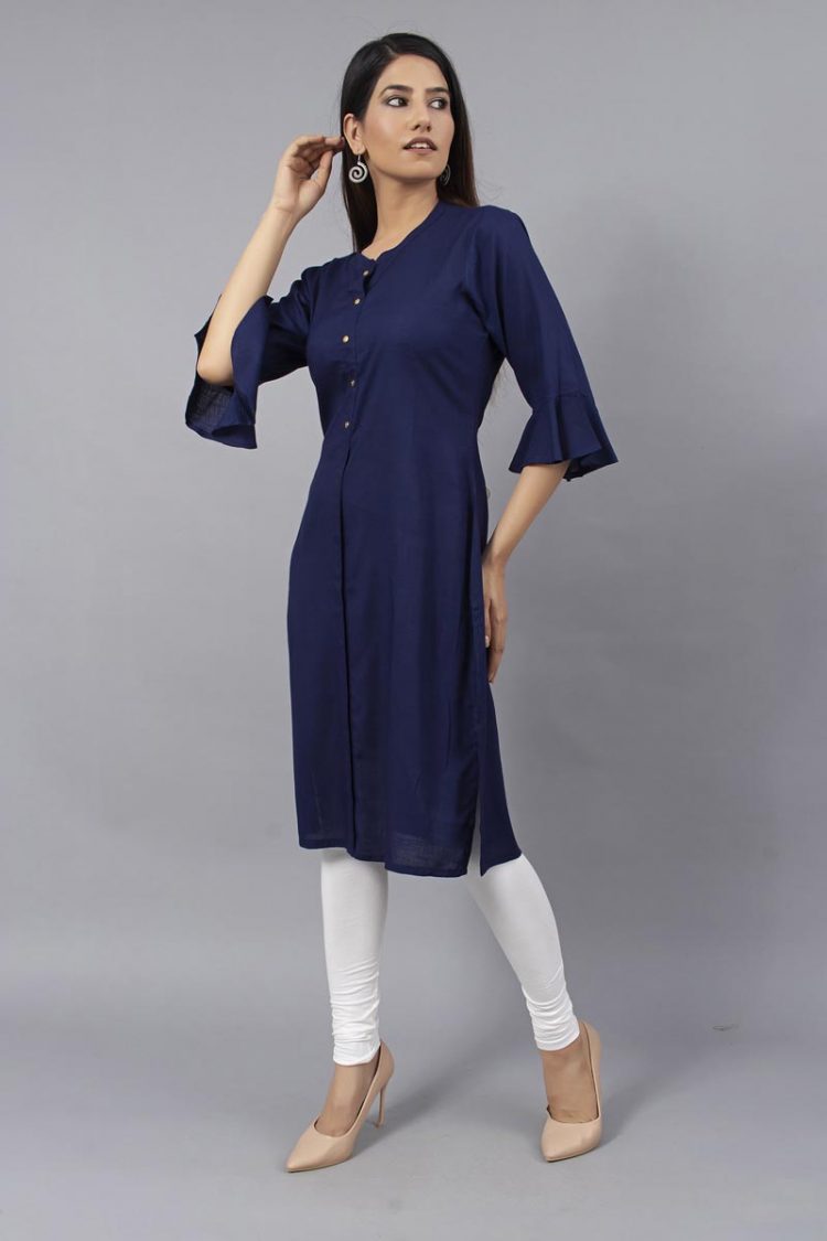 Sheer Solid Navy Blue Kurti with Bell Sleeves - Image 4