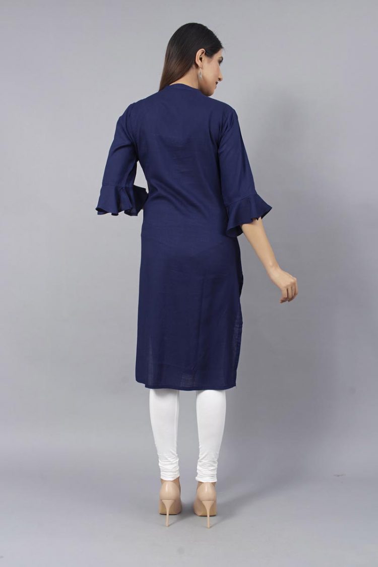 Sheer Solid Navy Blue Kurti with Bell Sleeves - Image 5