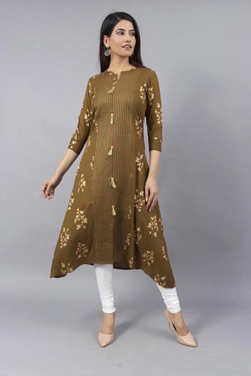 Stylish Mehandi Green Color Kurti with Gold Print