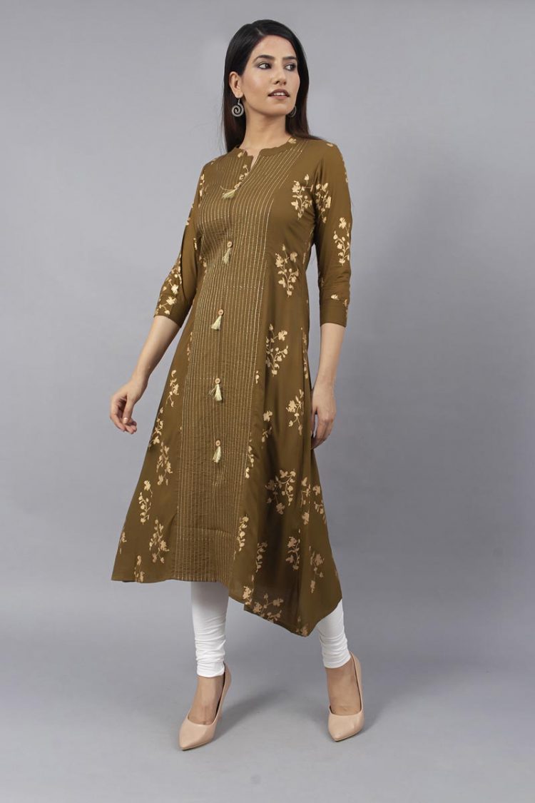 Stylish Mehandi Green Color Kurti with Gold Print - Image 2