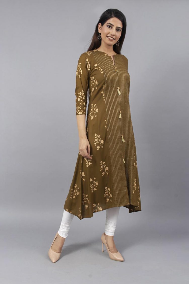 Stylish Mehandi Green Color Kurti with Gold Print - Image 3