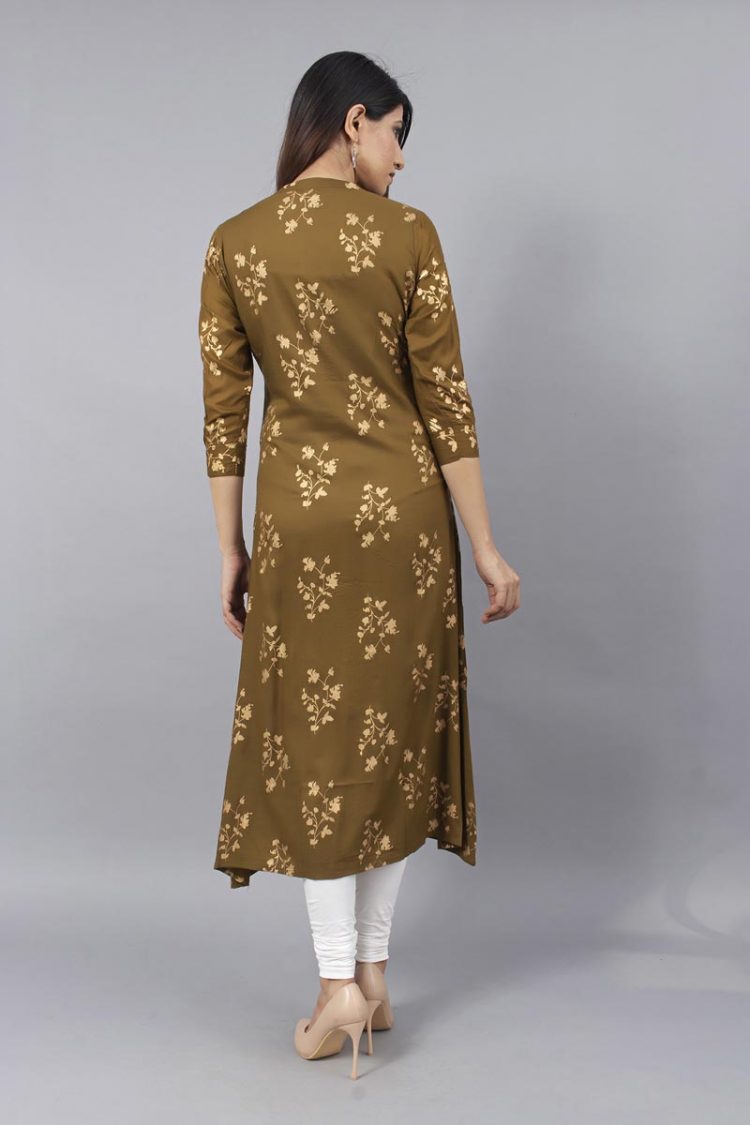 Stylish Mehandi Green Color Kurti with Gold Print - Image 4