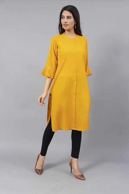 Sheer Solid Yellow Kurti With Bell Sleeves