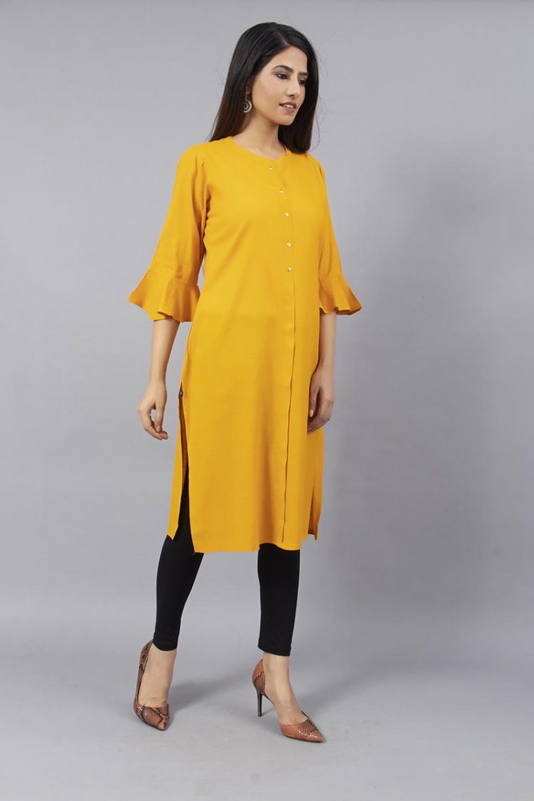 Sheer Solid Yellow Kurti With Bell Sleeves - Image 2