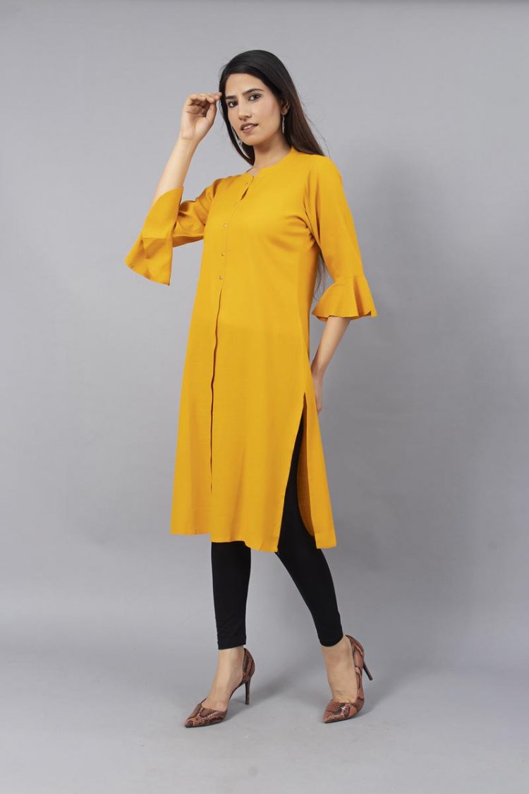 Sheer Solid Yellow Kurti With Bell Sleeves - Image 3