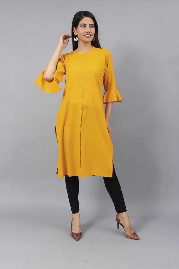 Sheer Solid Yellow Kurti With Bell Sleeves - Image 4