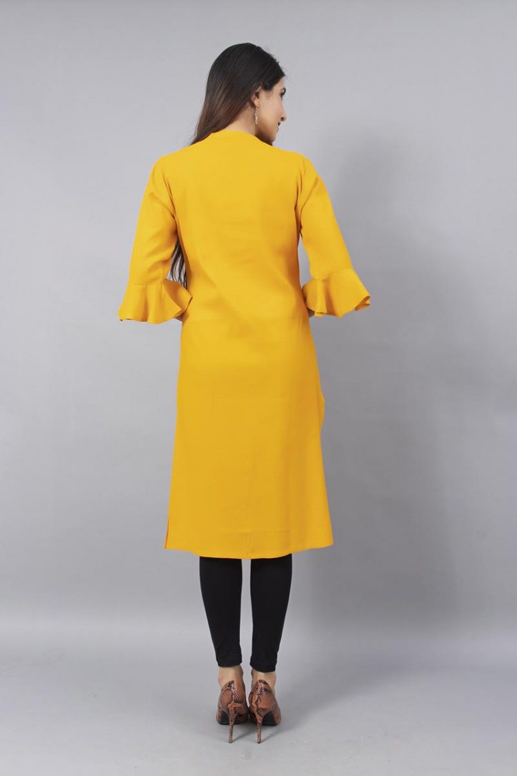Sheer Solid Yellow Kurti With Bell Sleeves - Image 5