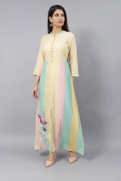 Stylish Multi Color Kurti With Stripes and Mandarin Collar