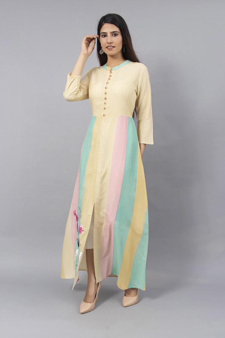 Stylish Multi Color Kurti With Stripes and Mandarin Collar - Image 3
