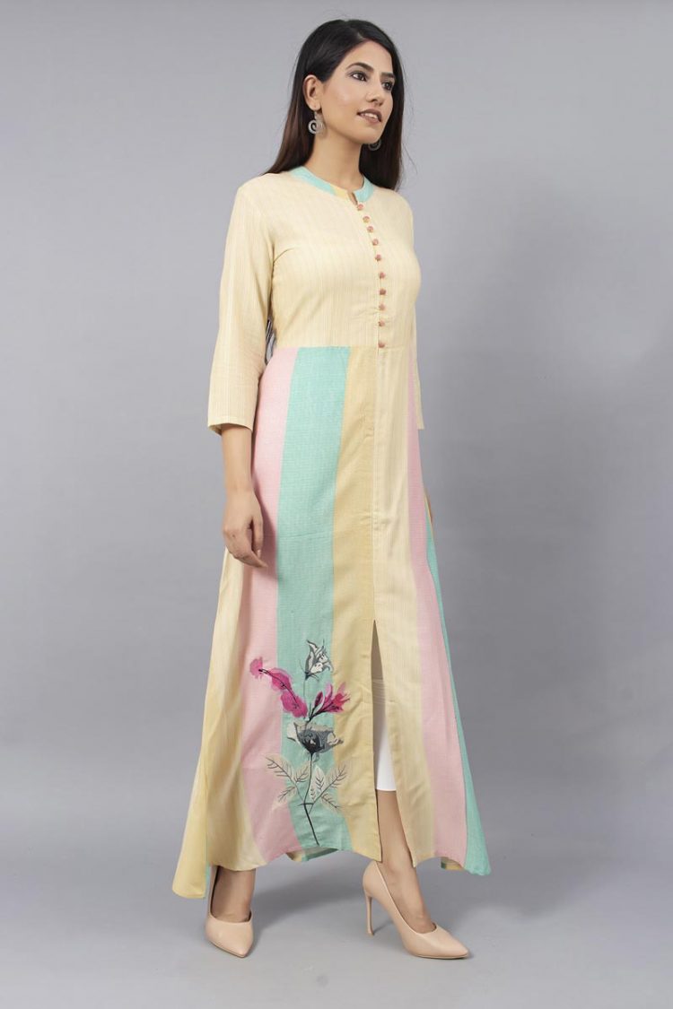Stylish Multi Color Kurti With Stripes and Mandarin Collar - Image 4